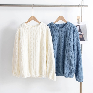 法兰绒睡衣单件上衣女秋冬薄绒长袖圆领暖暖衣提花家居服两件套装