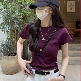 小众洋气减龄感修身 高级正肩深紫色t恤夏季 短袖 女装 纯棉上衣 新款
