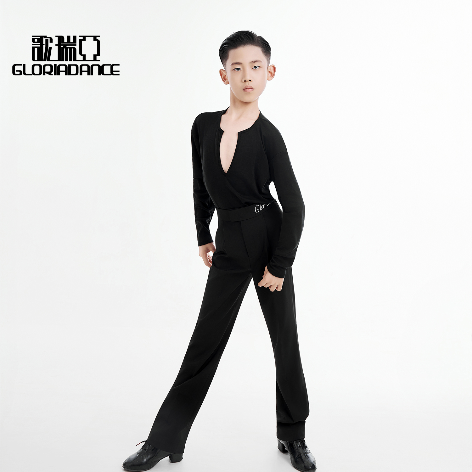 歌瑞亚新款男少儿舞服圆v领长袖拉丁舞上衣长裤套装演出服练习服