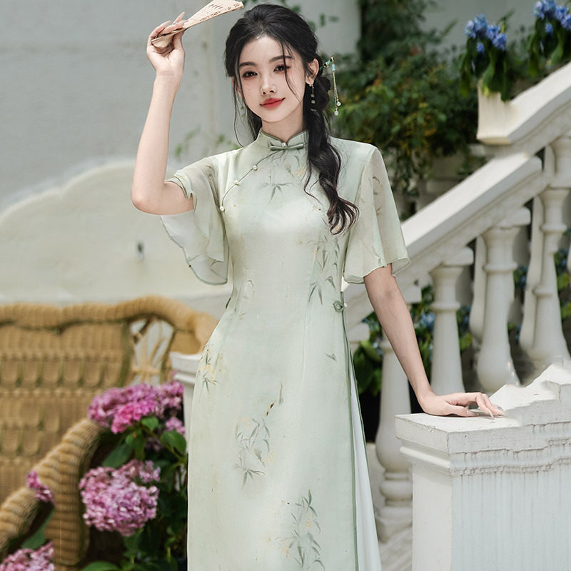 绿色奥黛国风新中式旗袍改良年轻款女高级感复古日常连衣裙春夏季