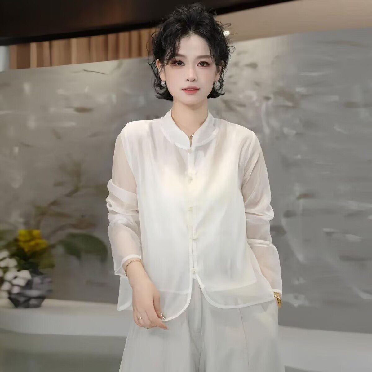 法国Gentle Motto新中式国风防晒衬衫女2026春夏新款网纱透气衬衣