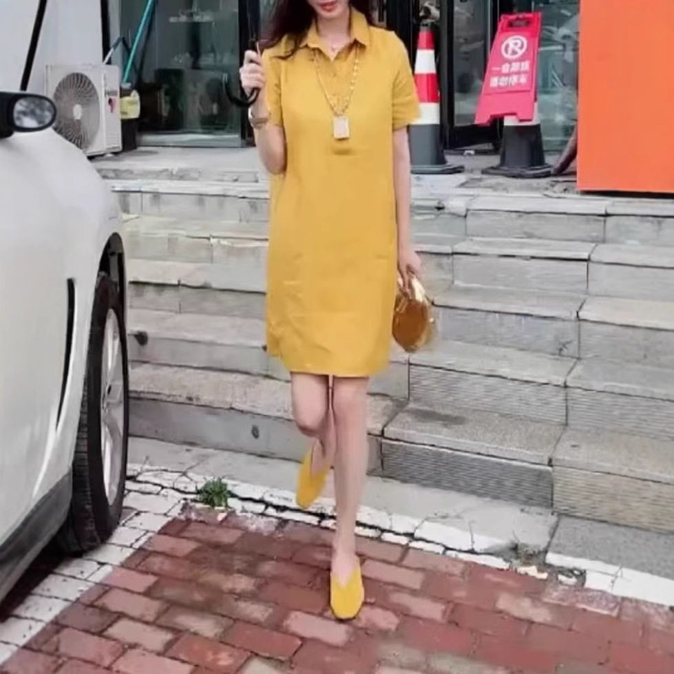 日系gentle motto夏季新款高级感色翻领短袖宽松显瘦连衣裙