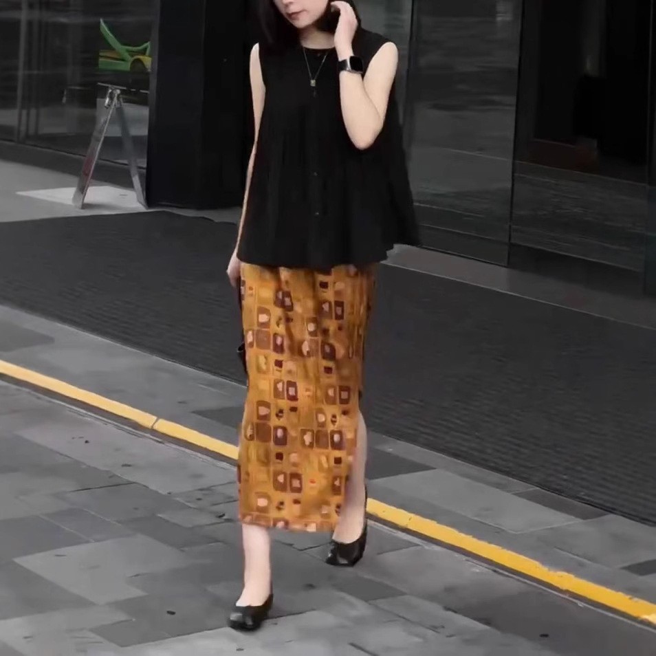 日系gentle motto夏季新款无袖压褶宽松上衣复古开叉半身裙女