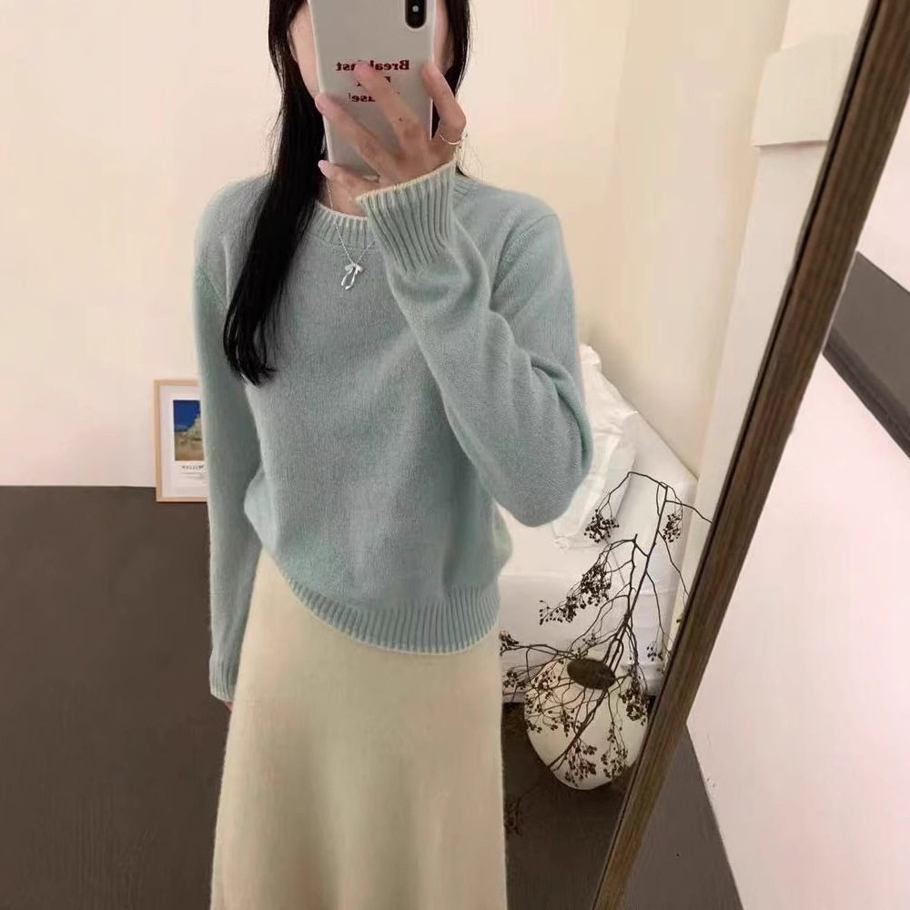 法国Gentle Motto欧洲站加厚宽松圆领软糯100羊毛衫女秋冬撞色