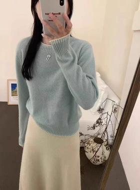 法国Gentle Motto欧洲站加厚宽松圆领软糯100羊毛衫女秋冬撞色