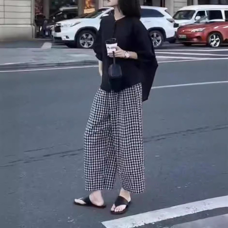 日系gentle motto夏季新款宽松防晒开衫上衣休闲格子裤洋气女