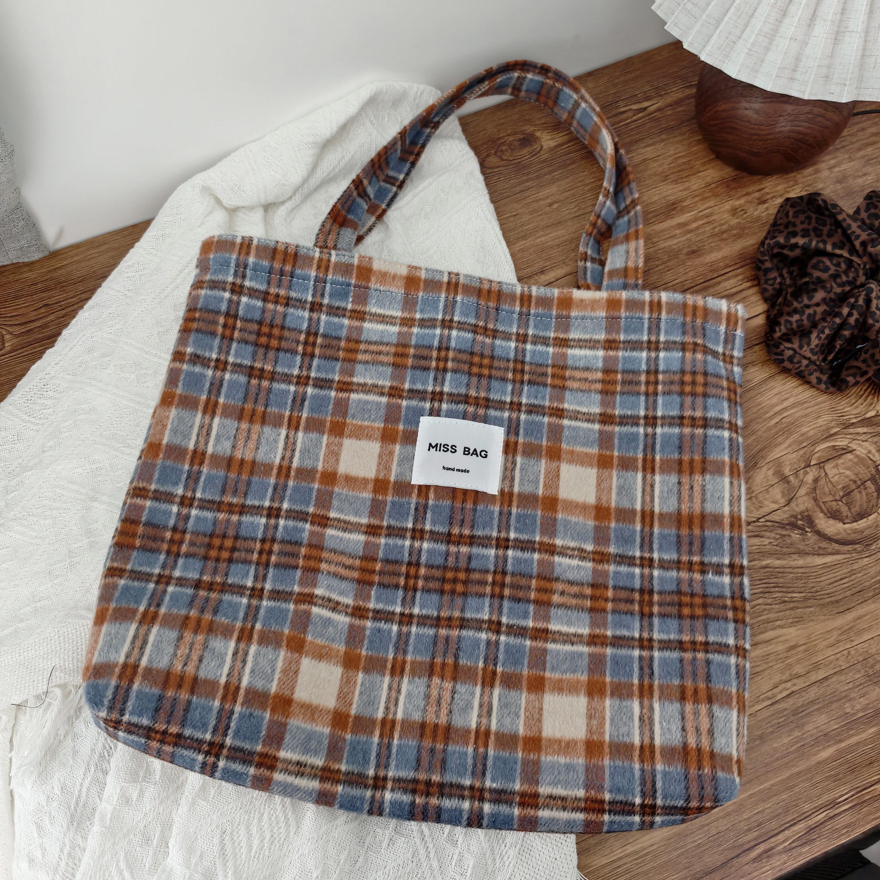 实拍！大容量秋冬帆布包毛呢ins慵懒风格子单肩托特通勤手提包