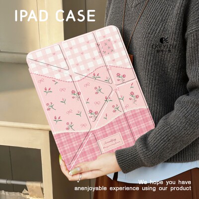 【3+Y折旋转】适用于ipadpro保护壳air8格子粉花2025新款ipad11横竖支撑十代亚克力mini7/6防弯摔平板套10.2