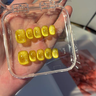 Fairy原创实拍纯手工穿戴甲招财金黄色满月玻璃珠猫眼显白假指甲