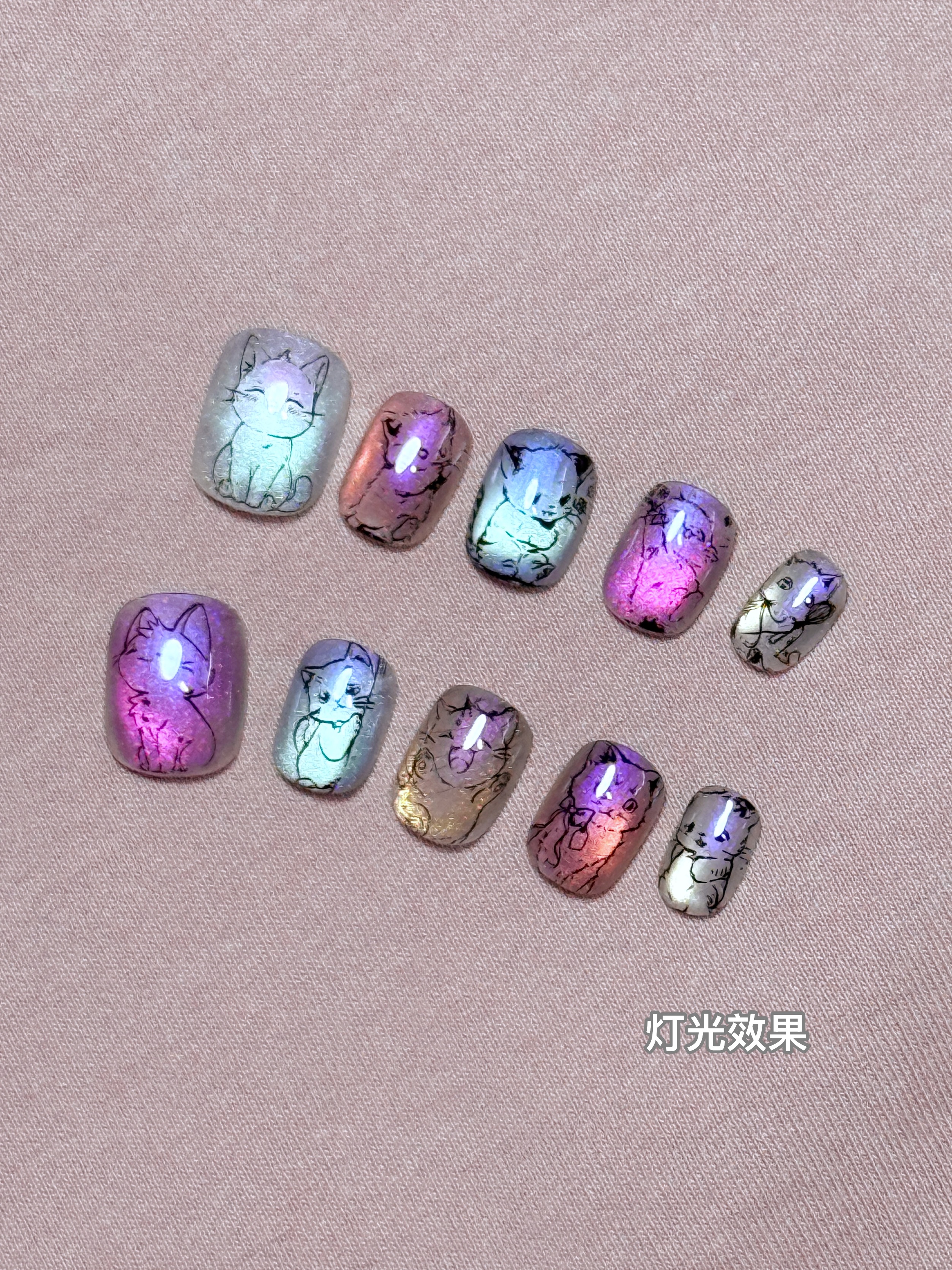 Fairy·实拍纯手绘可爱小猫手工穿戴甲短款玻璃珠猫眼百搭cos定制