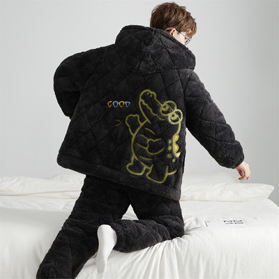 珊瑚绒睡衣男款冬季三层夹棉加厚