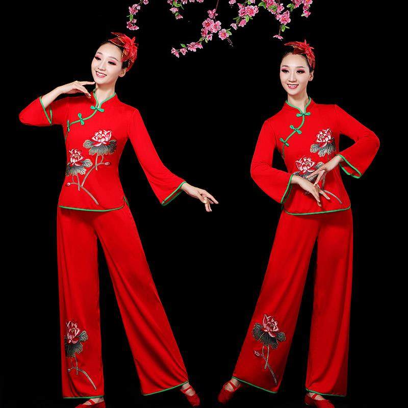 特价秧歌服女2023年新款中老年广场舞演出服装弹力大码红色胶州舞