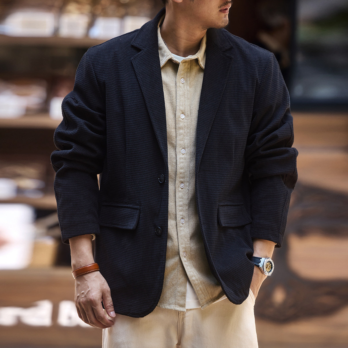 格蓝鹿高级感华夫格男士休闲西装外套秋季新款肌理感痞帅夹克西服