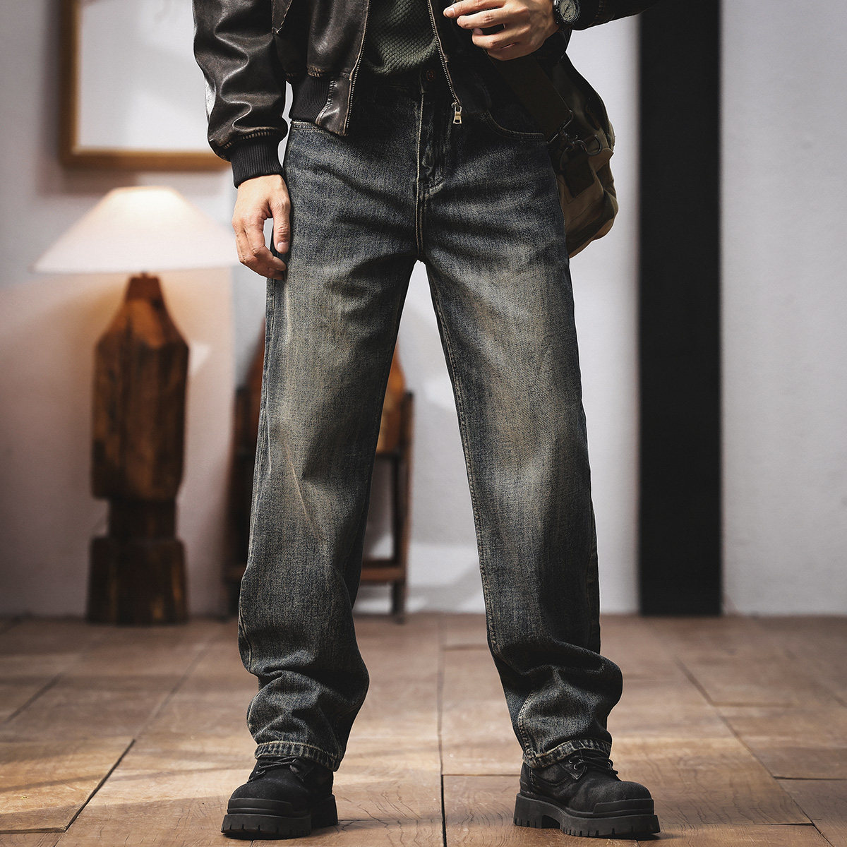 格蓝鹿美式重磅复古直筒宽松水洗牛仔裤男秋季加绒阔腿休闲长裤子