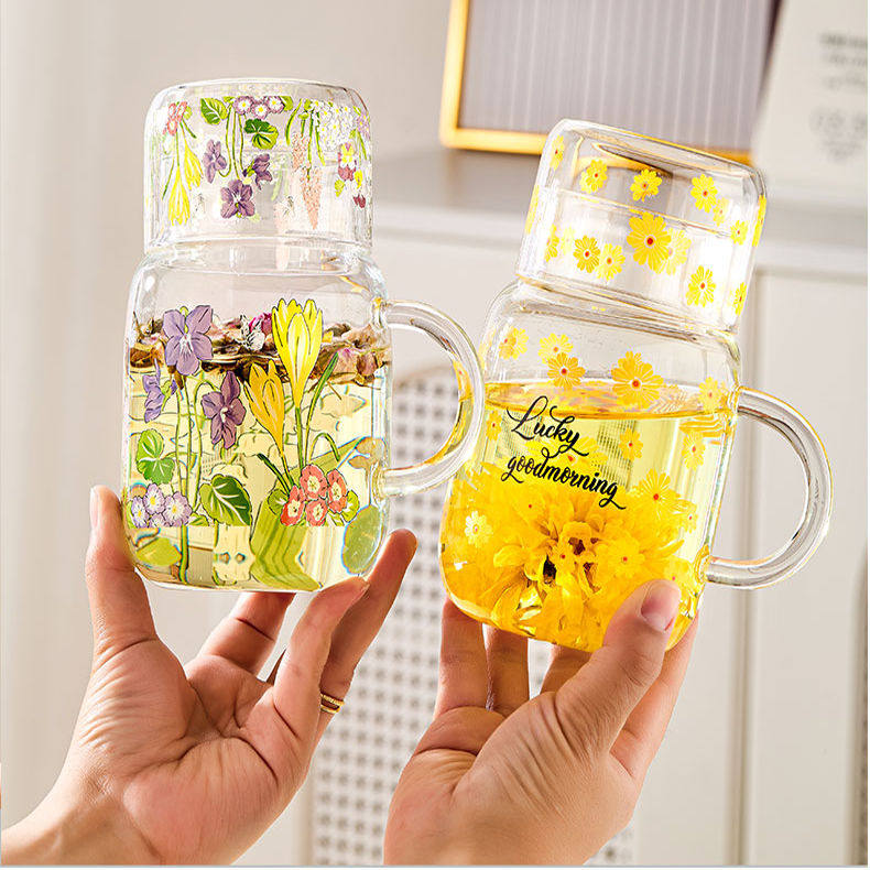 雏菊玻璃杯玻璃水壶耐高温大容量花茶带盖杯子家用办公室一人套装