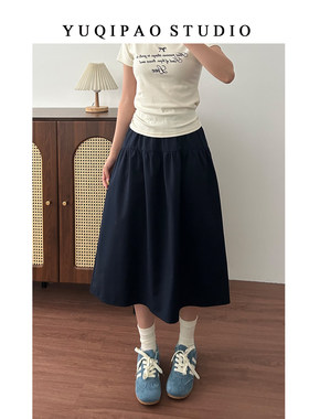 大码胖mm日系藏蓝色半身裙女夏季梨型身材a字伞裙中长款山本裙子