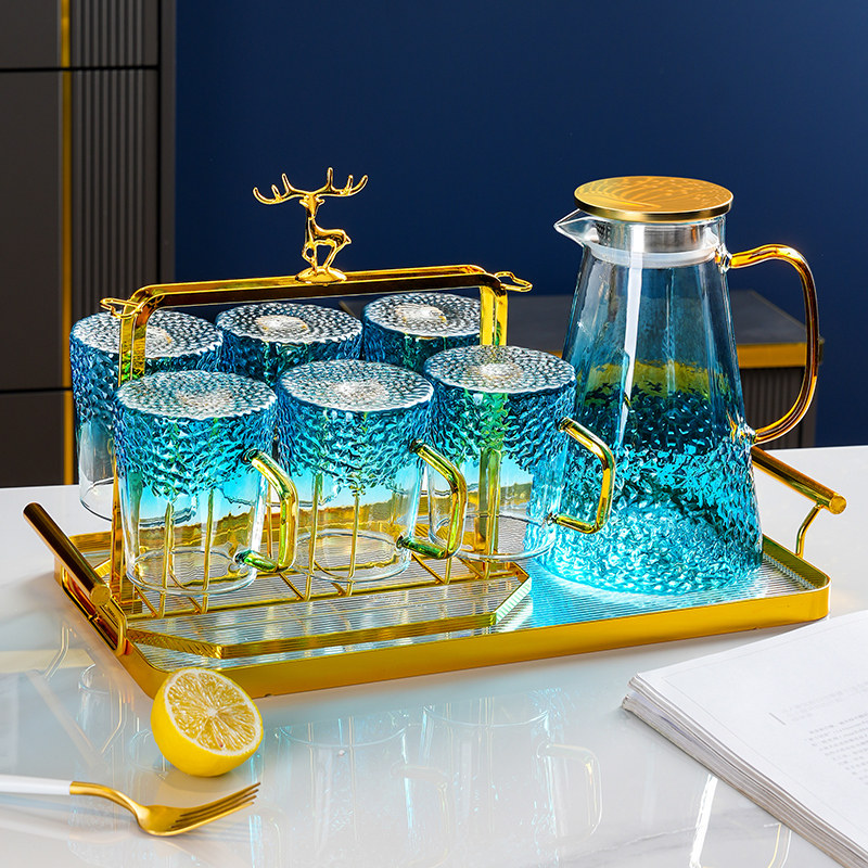 轻奢水杯家用锤客厅带把耐高温玻璃喝水杯子套装纹家庭待客茶具