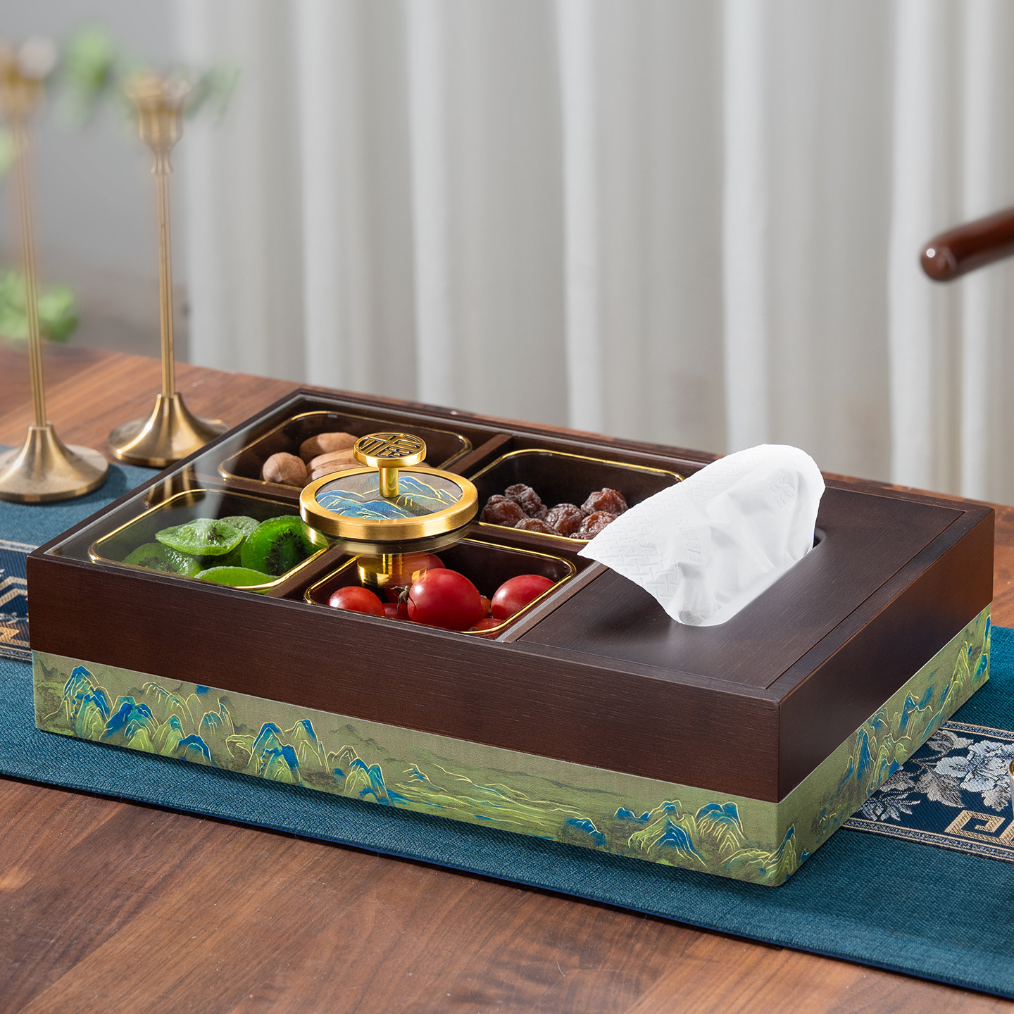 干果盒纸巾盒套装高档中式千里江山坚果零食分格收纳盘客厅水果盘,家居饰品,果盘/果篓,淘宝优惠券,粉丝福利购,淘宝优惠卷