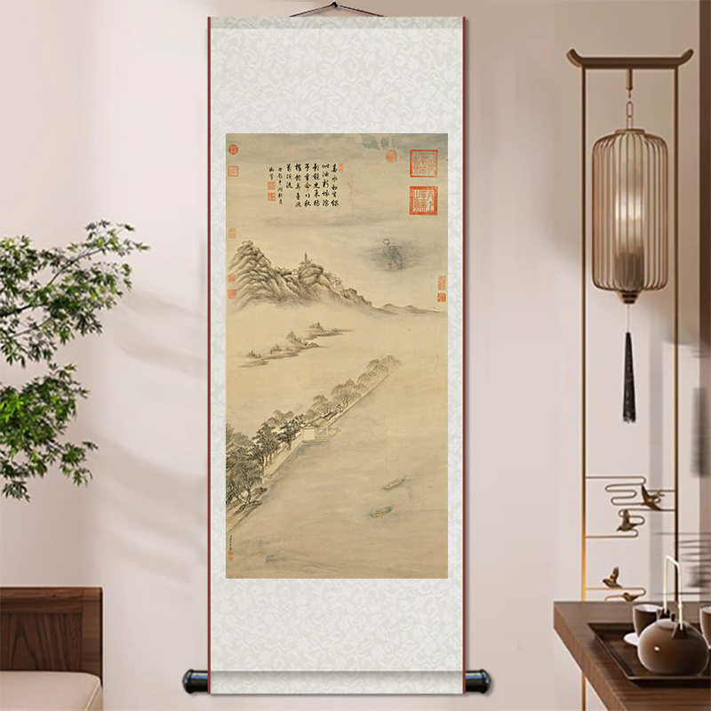 平湖秋月断桥残雪西湖风景画国画丝绸卷轴挂画玄关书房茶室