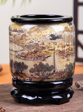 中式旋转毛笔笔筒大容量复古中国风办公桌笔筒桌面摆件商务礼品