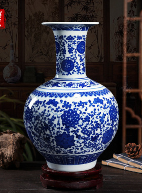 景德镇青花缠枝莲花瓶陶瓷家居博古架摆件装饰插花花器青花瓷花瓶