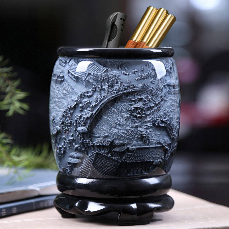 水晶浮雕旋转笔筒中国风创意办公室桌面装饰摆件实用商务礼品批发