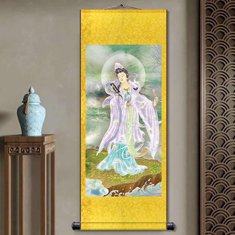 药王观音画像滴水观世音佛像画佛堂丝绸卷轴挂画书法玄关