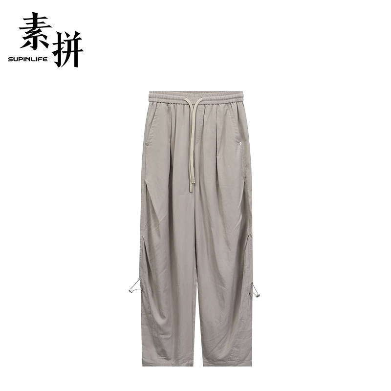 素拼男装夏季薄款休闲裤长裤直筒裤青年纯色抽绳宽松潮牌工装裤
