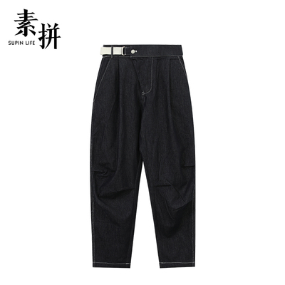 素拼男装秋冬款男士复古工装牛仔裤宽松廓形设计感直筒裤长裤子