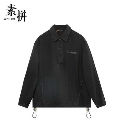 素拼男装春秋潮流黑色牛仔衣男套头上衣外穿帅气宽松牛仔外套