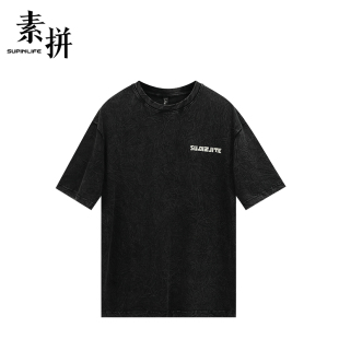 素拼男装夏季潮牌复古做旧工艺男士短袖T恤宽松型圆领常规款休闲