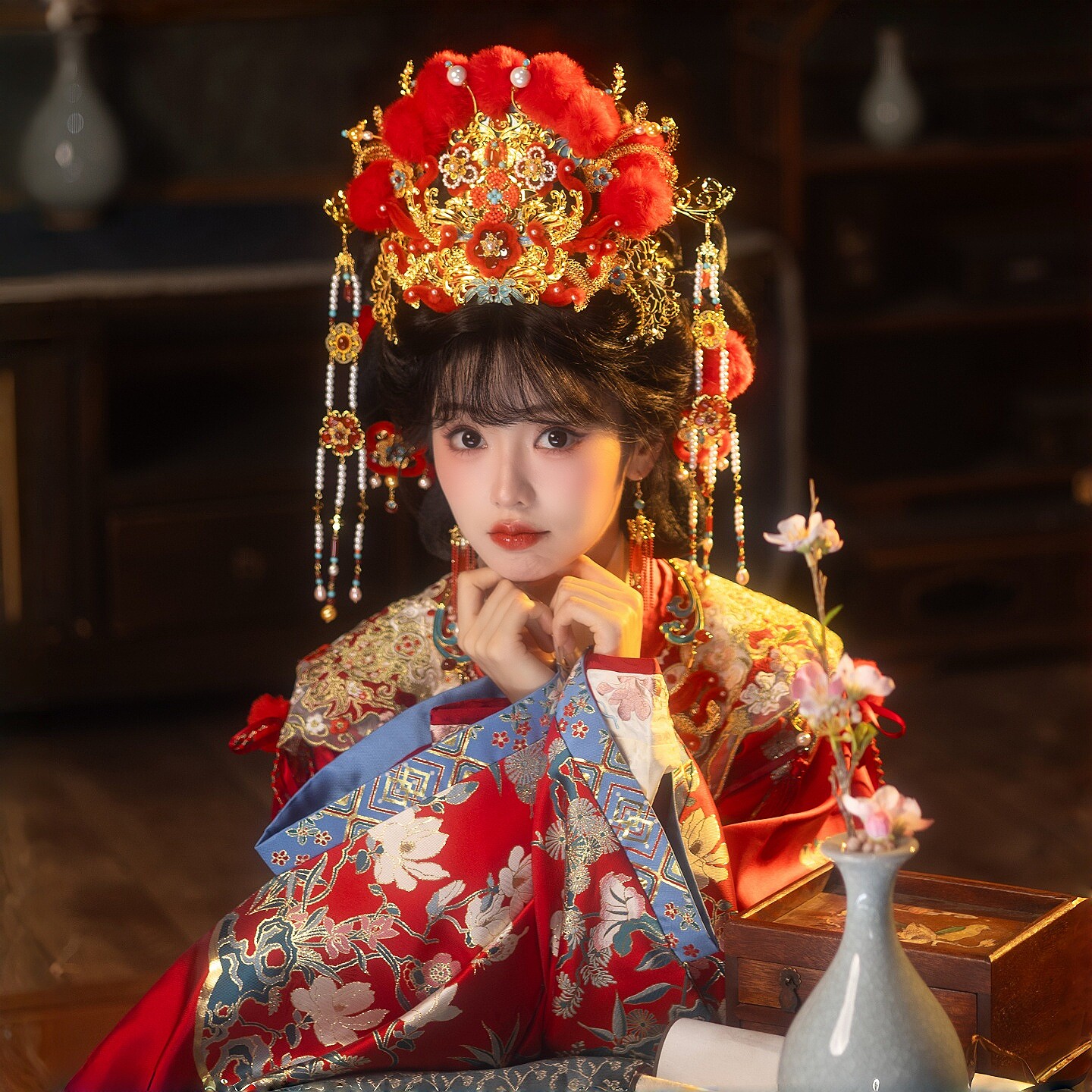 清月鹿鸣原创正品【丹凤团绒】古风可爱婚嫁凤冠戏曲风发冠头饰女