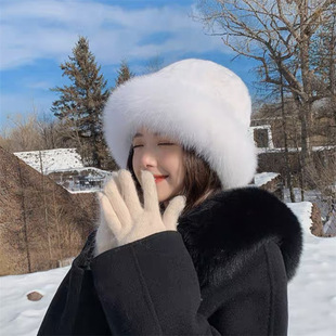 北方抗寒帽子女秋冬毛茸茸弹力针织蒙古帽保暖加厚平顶显脸小护耳