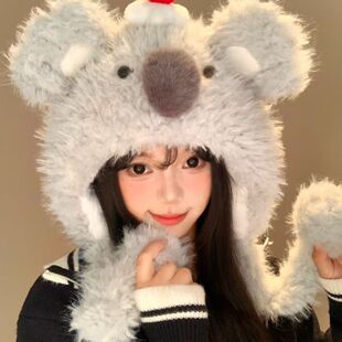 围脖二合一帽子可爱考拉毛绒帽围巾手套一体女冬季加厚保暖雷锋帽