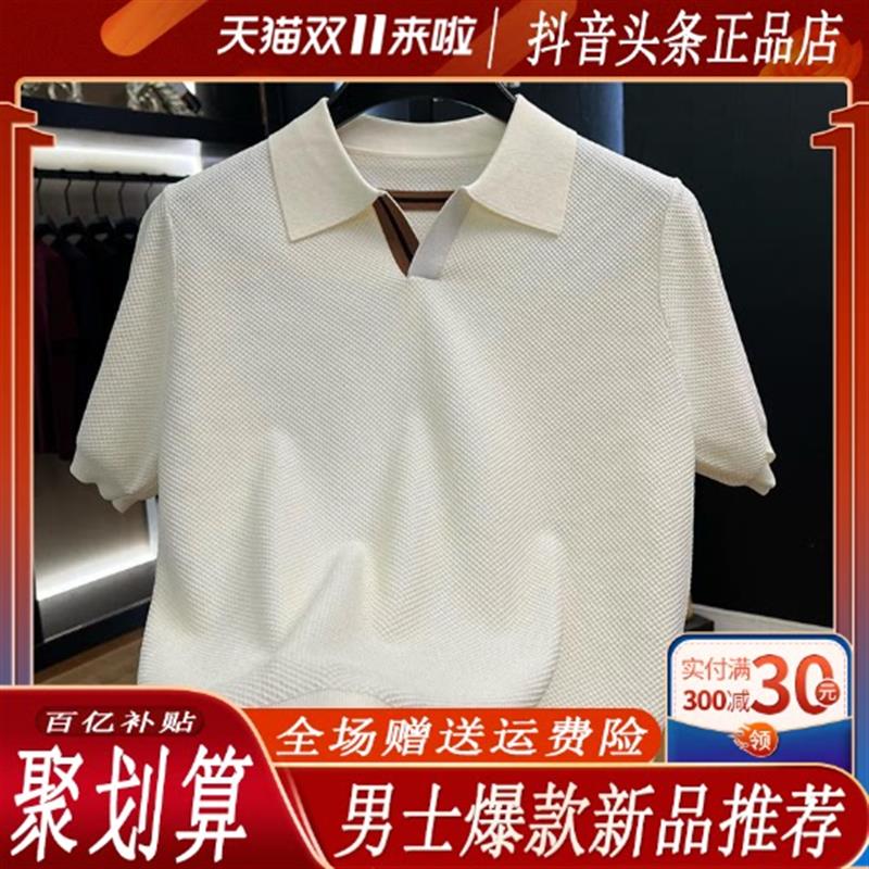 昌禾轻奢严选专柜夏季海鸥领老钱风菱形立体织花针织衫男短袖T恤