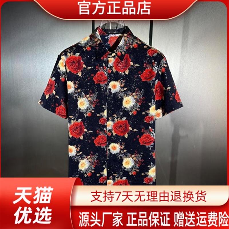 师凯服饰Amphelisia/2026夏季修身数码3D印花男士短袖大玫瑰衬衫
