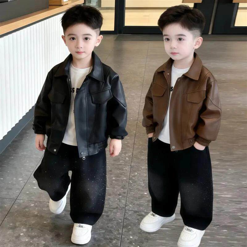 麦多多童装优选男F童春装皮j衣外hm套春秋儿童洋气皮夹克酷帅上衣
