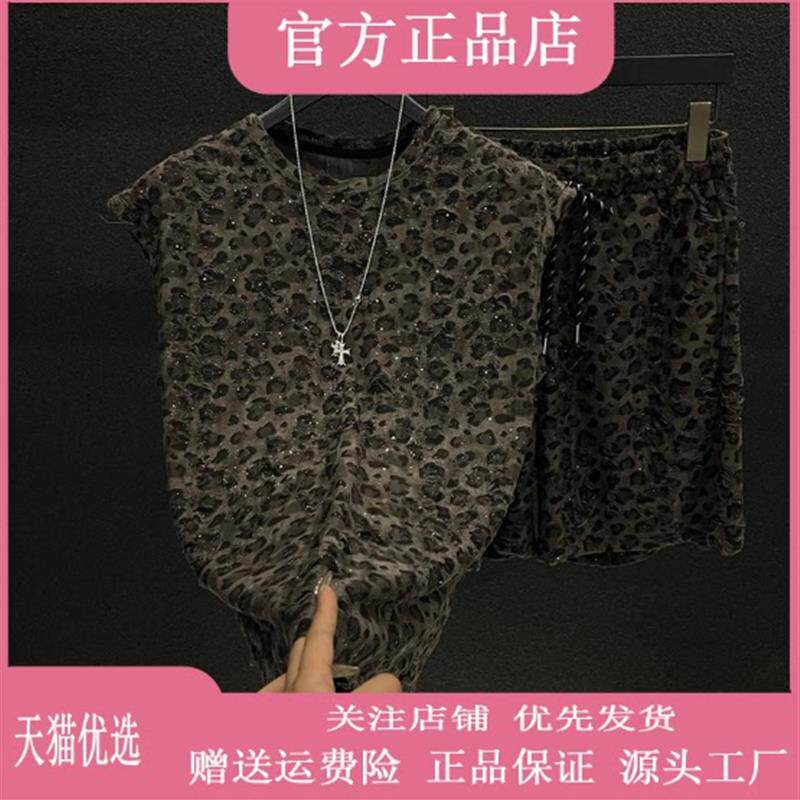 洋乐多严选【欧货定制】2026夏季豹纹亮片破洞无袖男短裤休闲套装