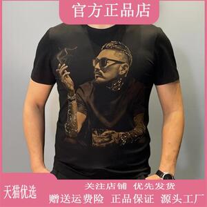 锋界服饰痞帅男人图像新款烫钻印花男士轻奢时尚休闲夏季短袖T恤