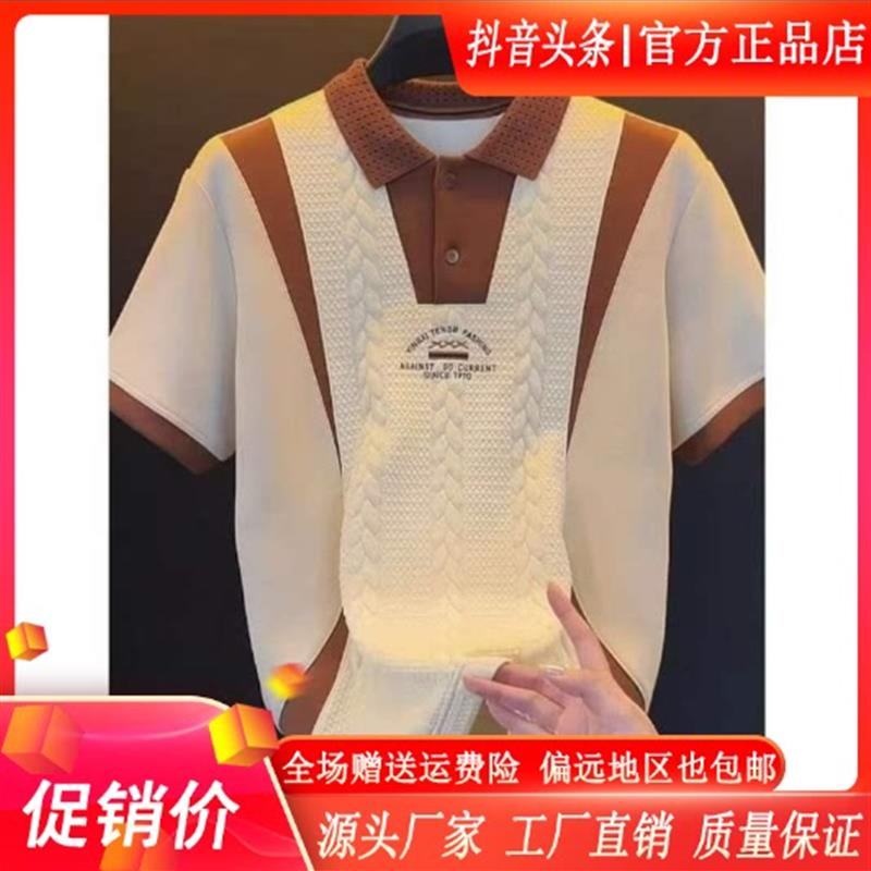卡彬男装高端男轻奢刺绣冰丝T恤潮牌撞色翻领POLO衫痞帅老钱风T恤