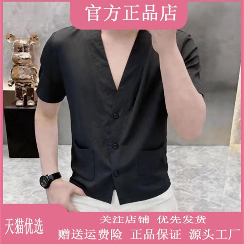 江弘轻奢高档轻奢夏季新款时尚男士V领短袖衬衣休闲宽松时尚潮流