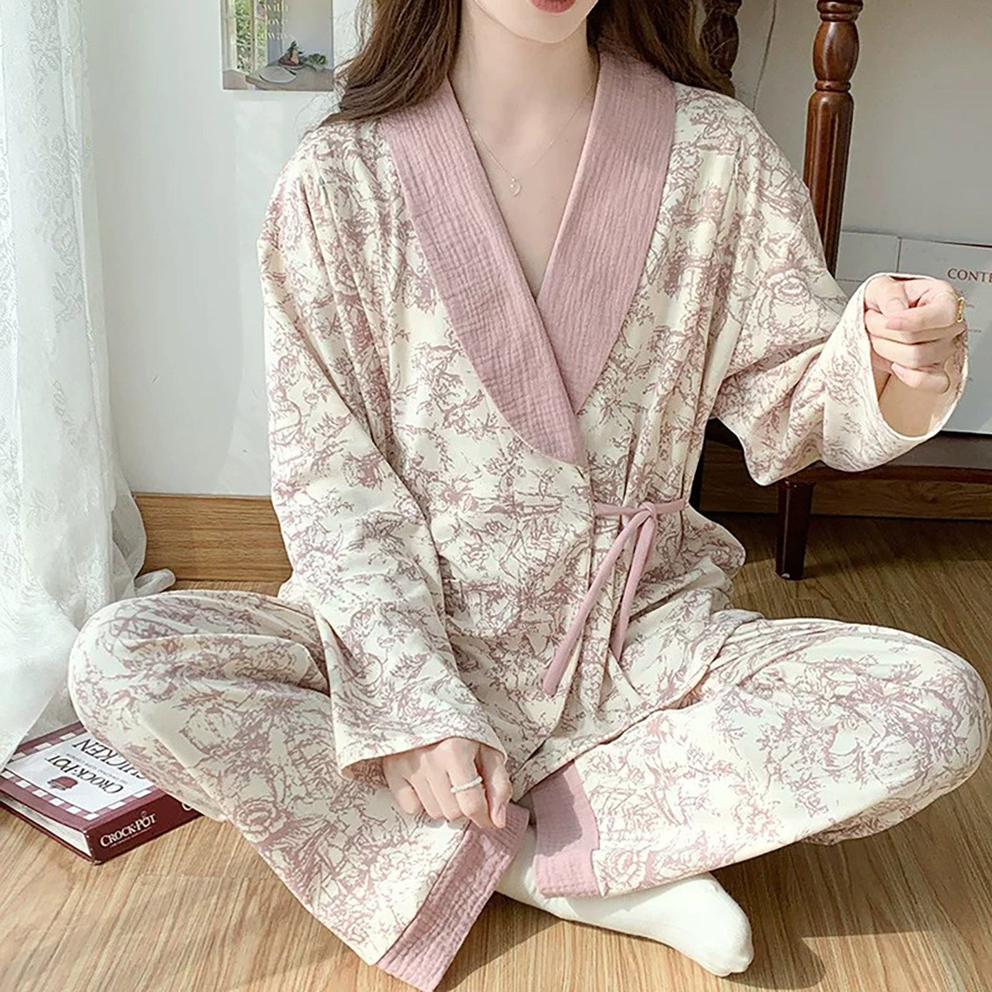 法国Uamtor和服月子服秋季薄款产后纯棉孕妇哺乳睡衣产妇喂奶套装