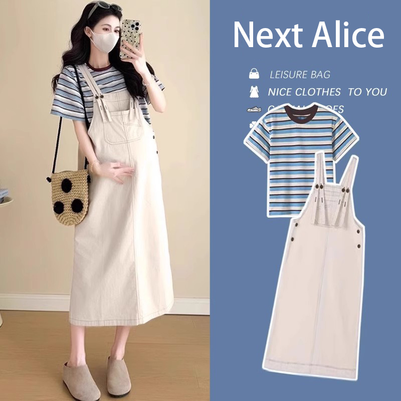 Next Alice孕妇抱婴袋裙夏季2025新款时尚法式宽松遮肚两件式洋装