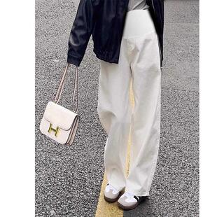 MDCW孕妇裤子秋冬款女外穿托腹直筒加绒白色牛仔裤不勒肚阔腿长裤