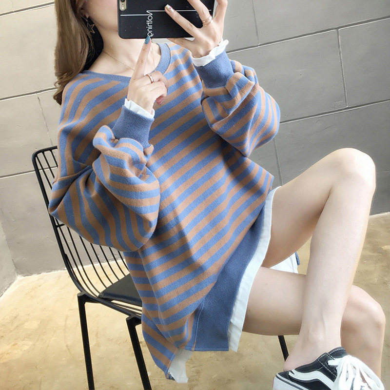 米兰风mdcw孕妇装春秋卫衣拼接宽松时尚条纹上衣假两件遮屁股