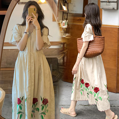英国Next Kiss2025孕妇夏装连衣裙宽松遮肚裙子复古刺绣棉麻长裙