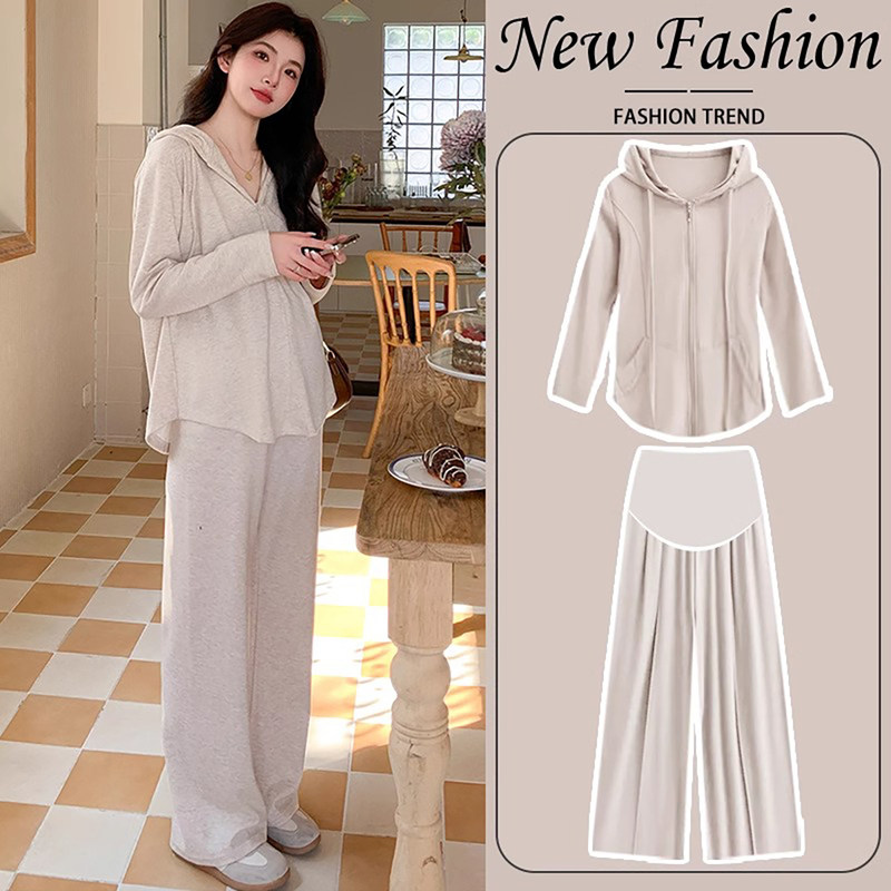 法国Uamtor孕妇套装秋季新款时尚慵懒风连帽长袖卫衣阔腿裤两件套