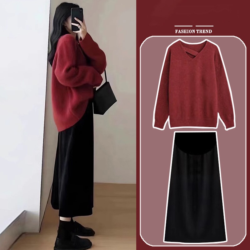 法国G·T孕妇秋冬装毛衣中长款半身裙时尚套装加厚包腹洋气时髦