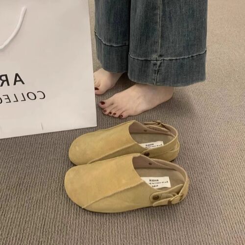 NEXT ROAD英国联名复古磨砂真皮包头拖鞋女春秋新款一脚蹬勃肯鞋