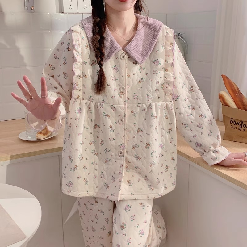 英国DHWA孕妇睡衣秋冬新款加厚空气棉月子服产后纯棉大码哺乳喂奶